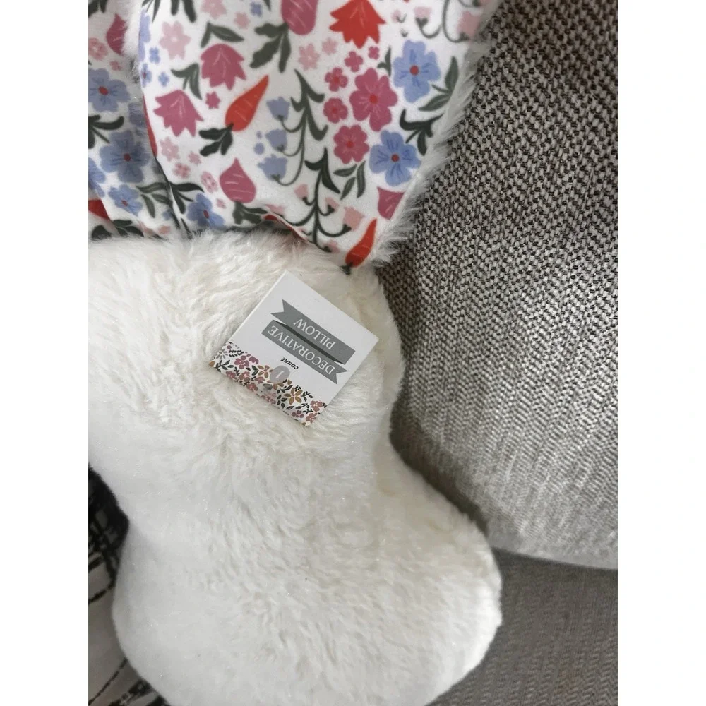 Decorative Easter Bunny Pillow – Floral Ears White Plush Farmhouse Spring Decor
